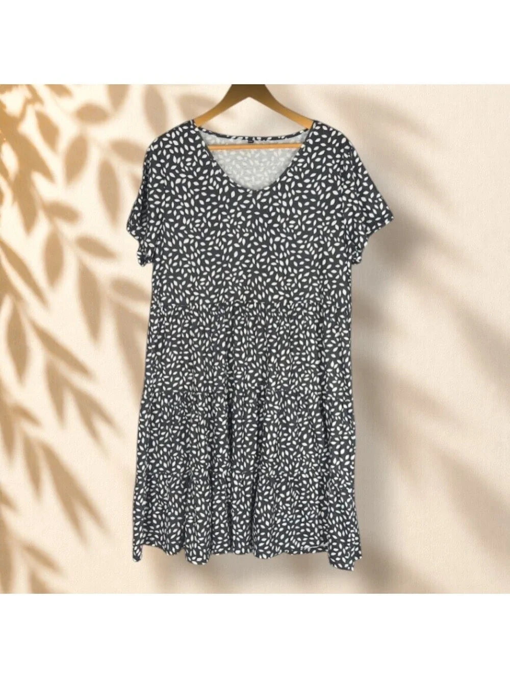 Unbranded Dress Women 2XL Black Geometric Shift Midi Short Sleeve Casual Stretch